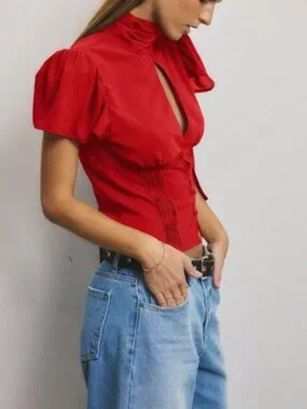 Red Elegant Women's Lightweight High-Neck Button-Front Petal Sleeve Top